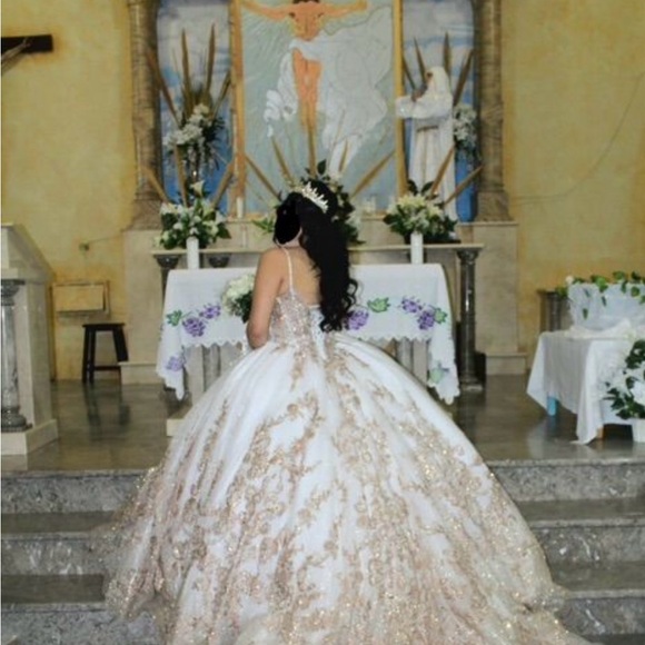 Elegant White and Gold Wedding Dress